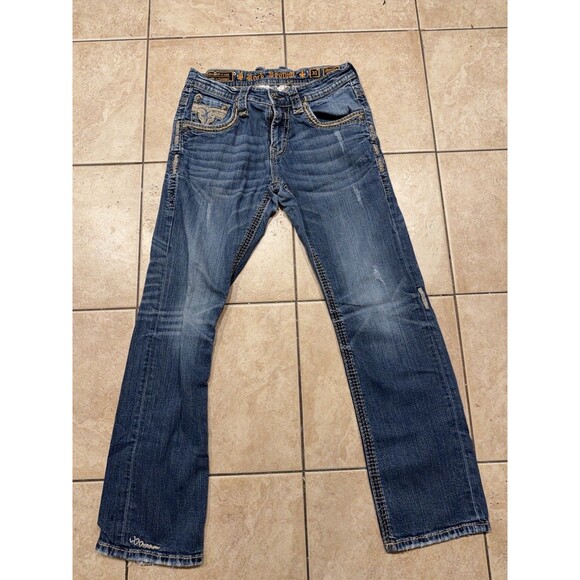 Rock Revival Jeans Mens 31x31 Moscow Straight Thick Stitch Blue Denim Embroider - Picture 3 of 12